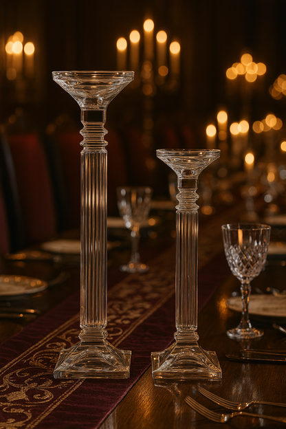 Altessa Candlesticks displayed on an ornate dining table beneath rows of candlelight