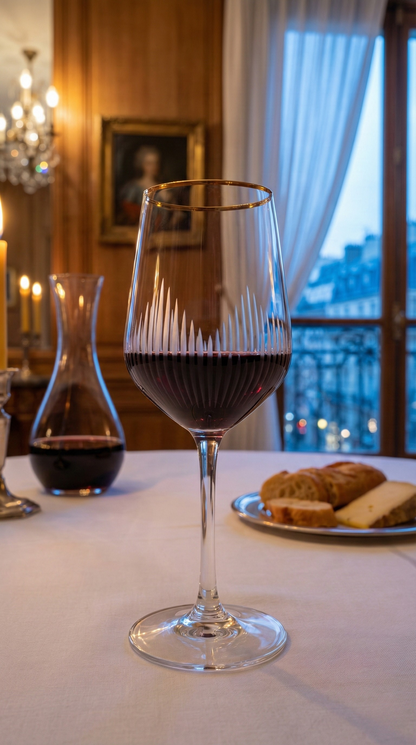 Ascend Bordeaux Wine Glass with red liquid beside bread and a decanter