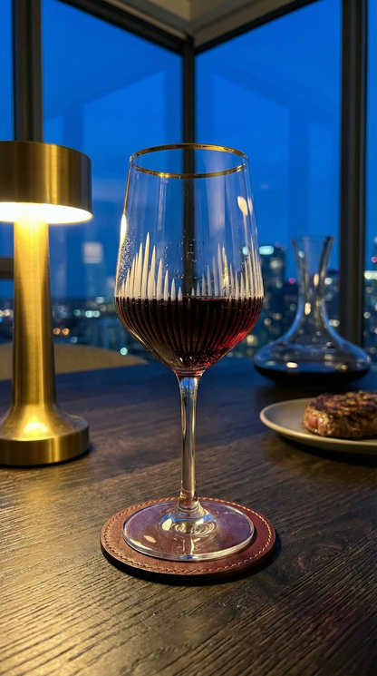 Ascend Bordeaux Wine Glass with red liquid on a coaster by city windows