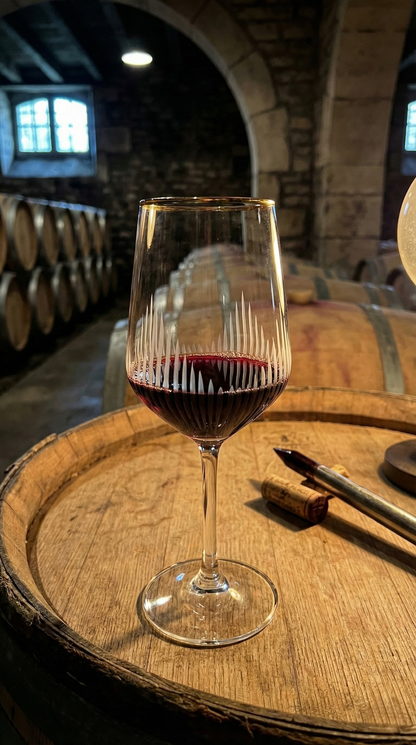 Ascend Bordeaux Wine Glass with red liquid on a barrel in a stone cellar