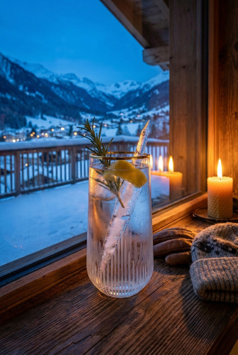 Ascend Highball Glass with citrus and ice beside a snowy mountain cabin window