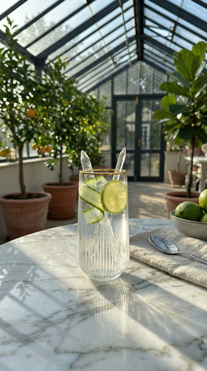 Ascend Highball Glass with lime and ice on a sunlit table inside a glasshouse