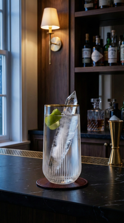 Ascend Highball Glass with lime and ice on a dark table beside a home bar