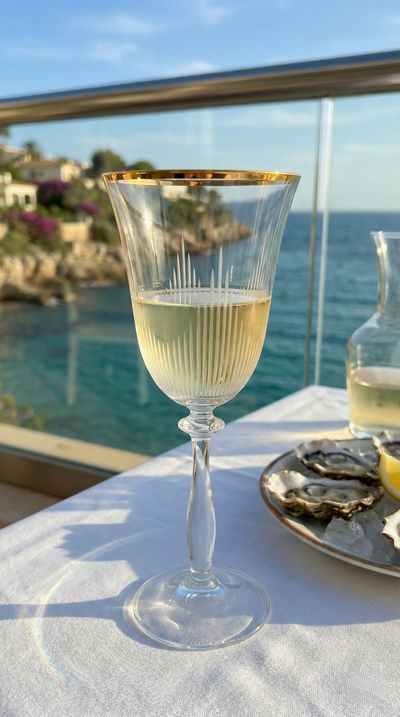 Ascend Sauvignon Wine Glass on a sunlit seaside terrace with a pale pour and ocean view