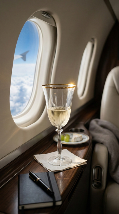 Ascend Sauvignon Wine Glass with a pale pour on an aircraft side table beside the window