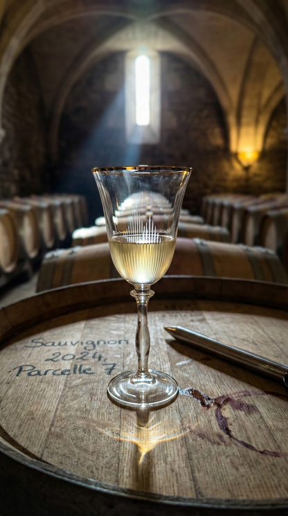 Ascend Sauvignon Wine Glass with a pale pour set on a wooden barrel in a stone cellar