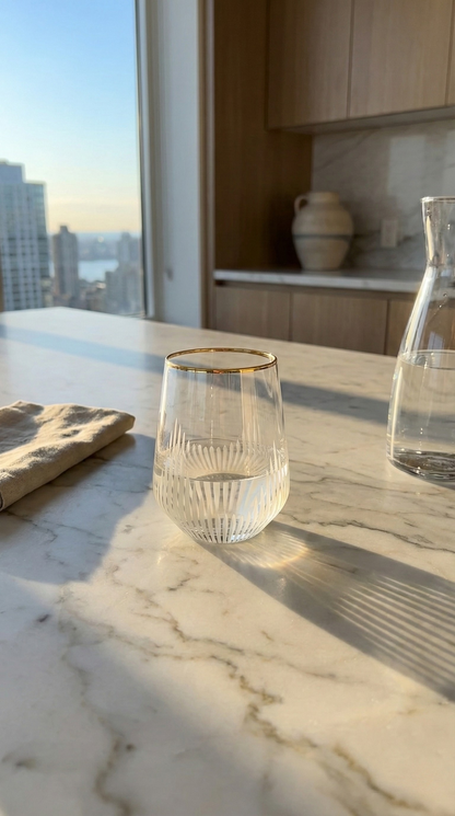 Ascend Stemless Wine Glass standing empty beside a carafe on a sunlit marble kitchen counter.
