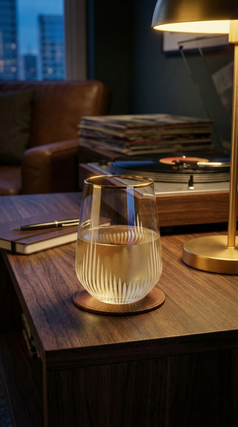Ascend Stemless Wine Glass holding a pale drink on a dark desk beside a record player and lamp.