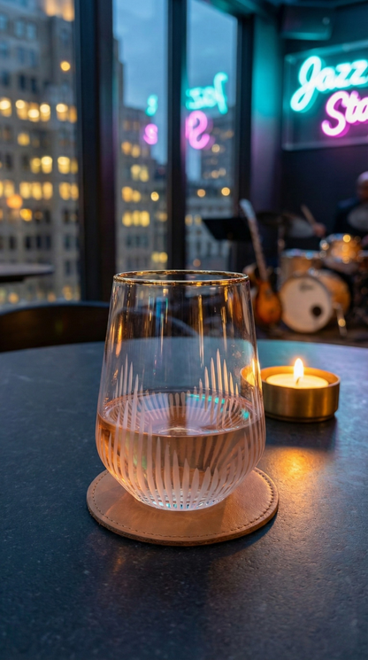 Ascend Stemless Wine Glass with a pale pink drink on a coaster in a neon-lit jazz bar.