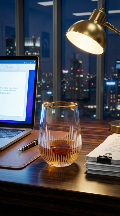 Ascend Stemless Wine Glass holding a pink drink on an office desk beside a laptop and city night view.