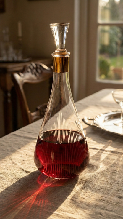 Ascend Decanter with red liquid on a sunlit dining table