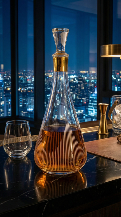 Ascend Decanter with amber liquid on a table before nighttime city windows