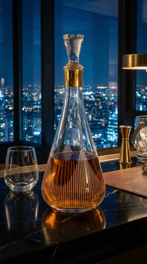 Ascend Decanter with amber liquid on a table before nighttime city windows