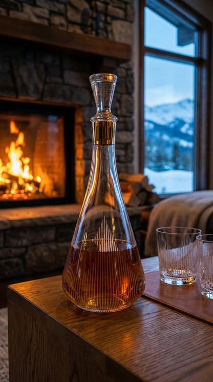 Ascend Decanter with amber liquid on a wood table beside a fireplace
