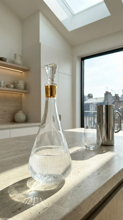 Ascend Decanter with clear liquid on a bright kitchen counter