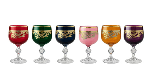 Roccaré Cordial Goblet Set – 6 Colors by Molten Majesty, colored crystal glassware on white background
