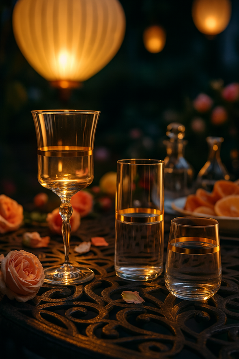 Corda Gold glassware set arranged with roses and a glowing lamp on a patterned table
