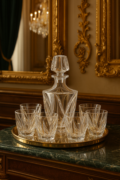 Calyx decanter and six tumblers on a mirrored tray in a gilded room