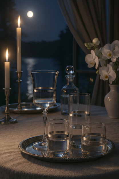 Corda Plat glassware set on a silver tray beside candles and white orchids