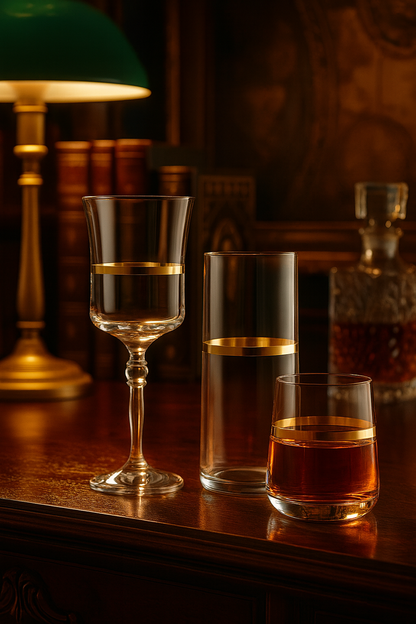 Corda Gold glassware set displayed on a wood desk beside books and a green library lamp