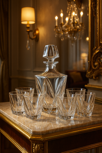 Calyx decanter and tumblers on a mirrored console beneath a chandelier