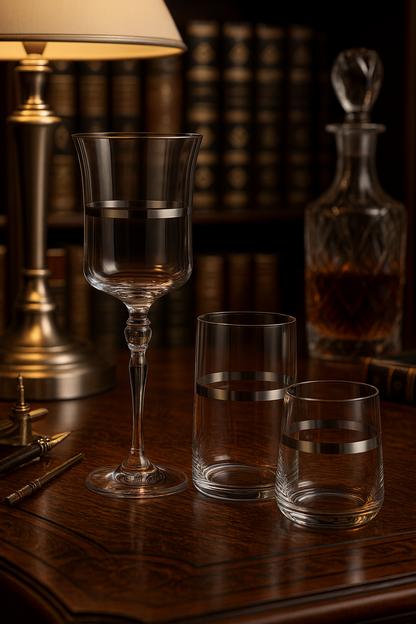 Corda Plat goblet, highball and tumblers arranged on a library table