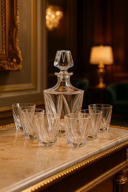 Calyx decanter and tumblers on a stone table in a wood-panelled salon