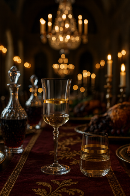 Corda Gold glassware set placed across a candlelit formal table beneath chandeliers