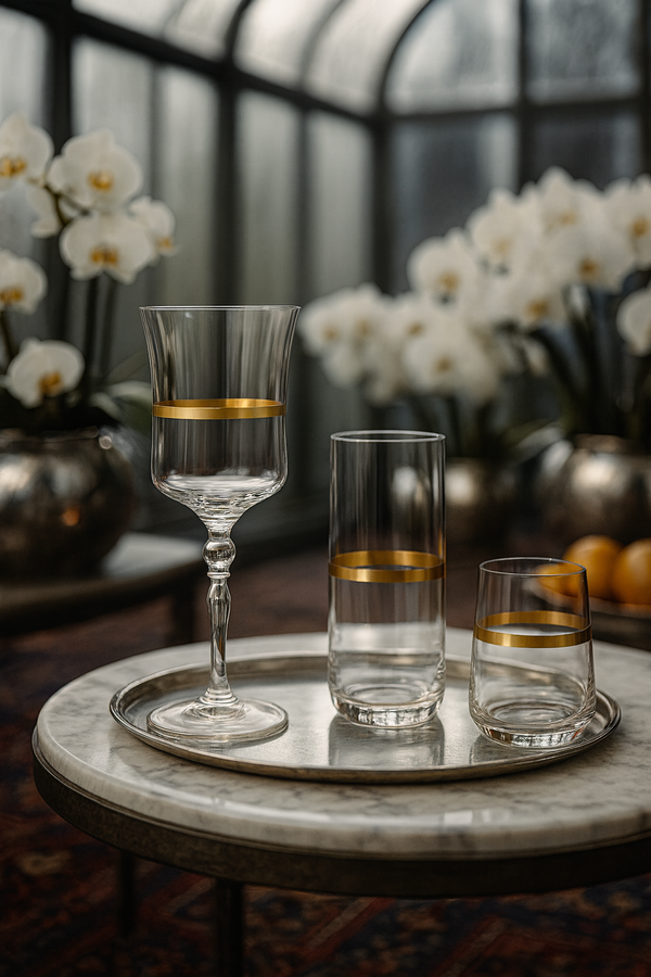 Corda Gold glassware set grouped on a round tray beside white orchids and tall windows