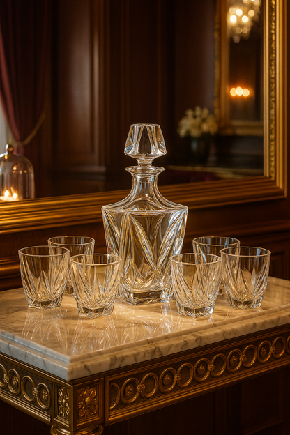 Calyx decanter and tumblers on a marble-topped table before a large mirror