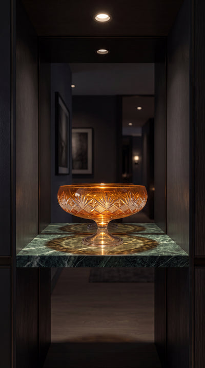 Sunlit Amber Coronet Pedestal Bowl on a green marble pedestal in a dark hallway.