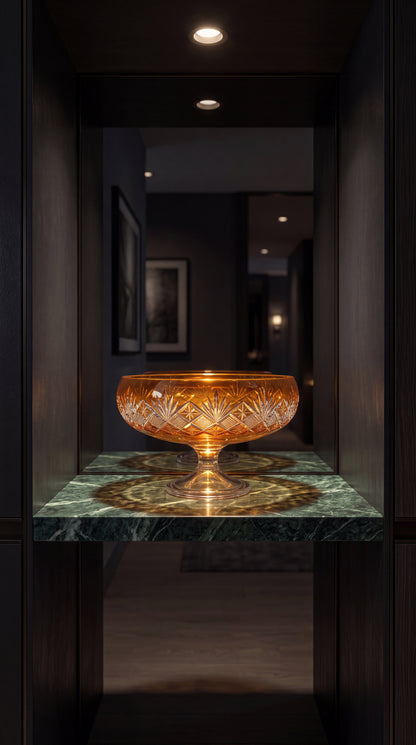 Sunlit Amber Coronet Pedestal Bowl on a green marble pedestal in a dark hallway.