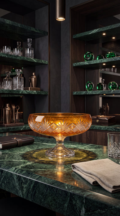Sunlit Amber Coronet Pedestal Bowl on a green marble bar before shelves of glassware.