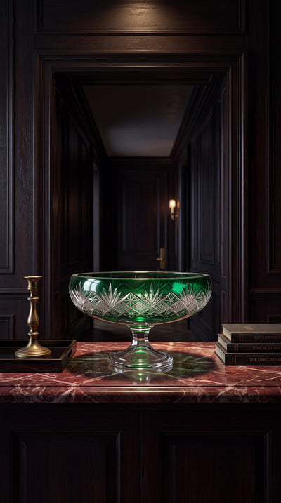 Sylvan Emerald Coronet Pedestal Bowl on a red marble table in a dark paneled room.