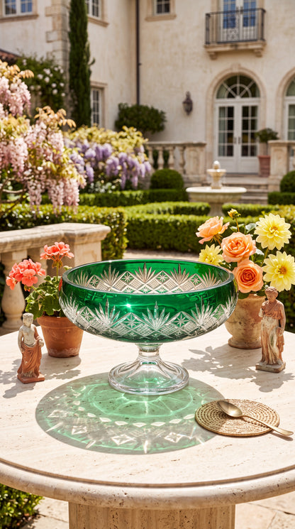 Sylvan Emerald Coronet Pedestal Bowl on a sunlit garden table surrounded by flowers.
