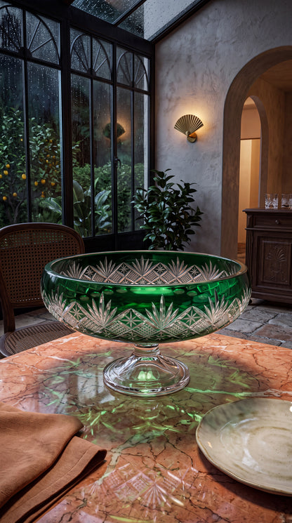 Sylvan Emerald Coronet Pedestal Bowl on a glass table in a dark conservatory.