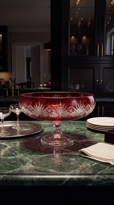 Coronet Crimson Red pedestal bowl on a green marble dining table with stacked place settings