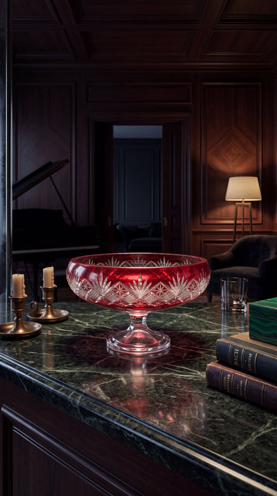 Coronet Crimson Red pedestal bowl on a library desk beside books and a shaded lamp