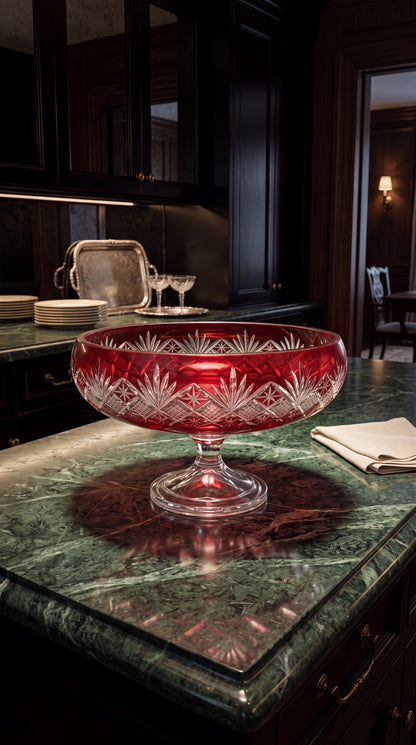Coronet Crimson Red pedestal bowl on a dark green marble counter beside a clear carafe