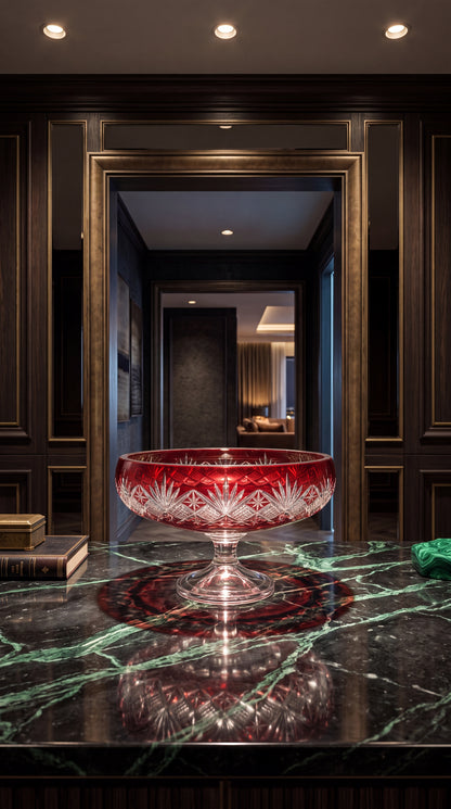 Coronet Crimson Red pedestal bowl reflected on a green marble table in a paneled room