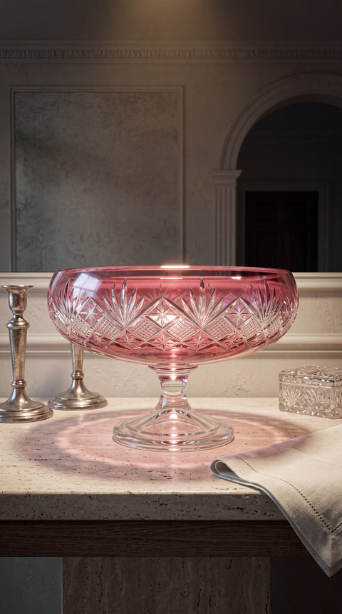 Coronet Orchid Rosé pedestal bowl on a marble vanity beneath a softly framed mirror