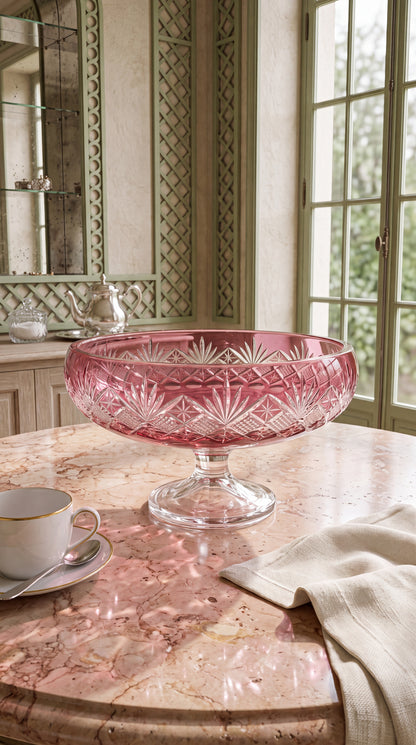 Coronet Orchid Rosé pedestal bowl on a sunlit marble table beside tall garden windows