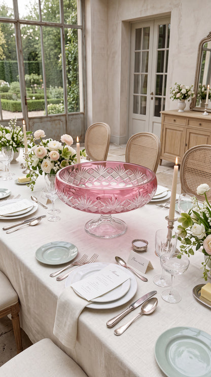 Coronet Orchid Rosé pedestal bowl on a garden dining table set with flowers and plates