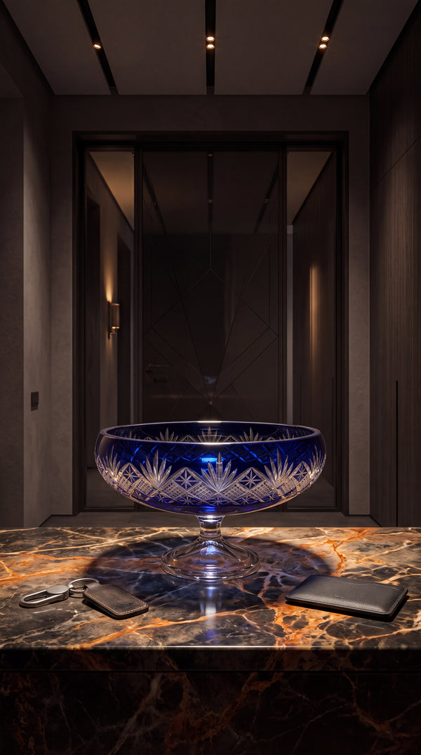 Midnight Sapphire Coronet pedestal bowl on a marble console in a modern entry