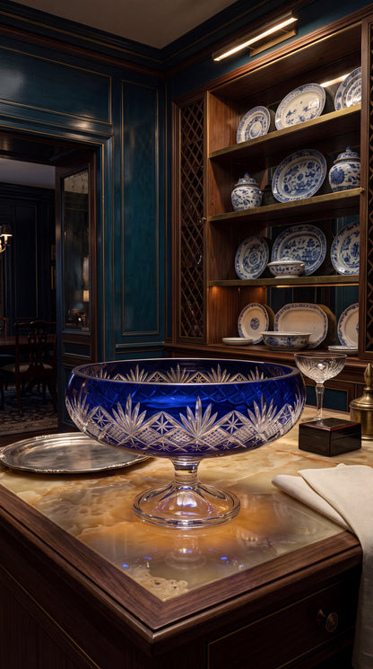Midnight Sapphire Coronet pedestal bowl on a wood counter near a china cabinet