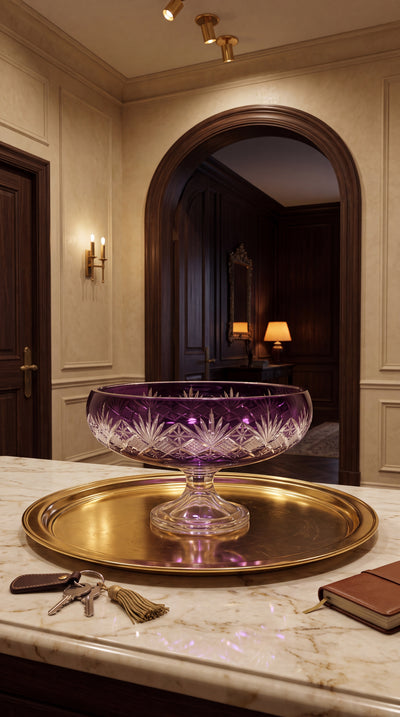 Regal Violet Coronet pedestal bowl on a gold tray in an arched hallway