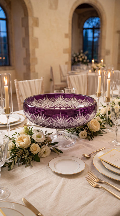 Regal Violet Coronet pedestal bowl at a formal floral dining table