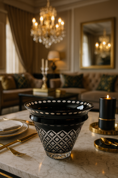 Large Noctura bowl on a marble dining table beside black and gold place settings
