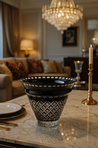 Small Noctura bowl on a marble dining table in a chandelier-lit room