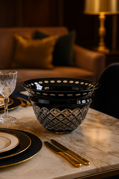 Noctura Crown Bowl centred between gold cutlery and black place settings